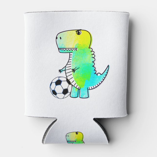 Enfriador De Latas Cute Dinosaur ama al fútbol acuarela (Anverso)