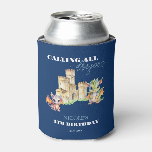 Enfriador De Latas Cute Dragons Castle Fairytale Navy Kids Cumpleaños (Lata Anverso)