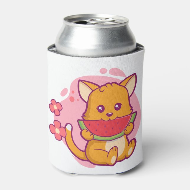 Enfriador De Latas Cute gato comiendo sandía | Kawaii (Lata Anverso)