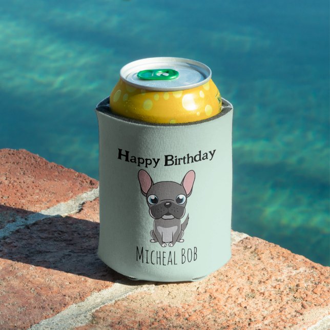 Enfriador De Latas Cute gray happy birthday custom name pug dog blue (Piscina in situ)