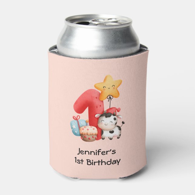 Enfriador De Latas Cute Happy Cow 1º cumpleaños (Lata Anverso)
