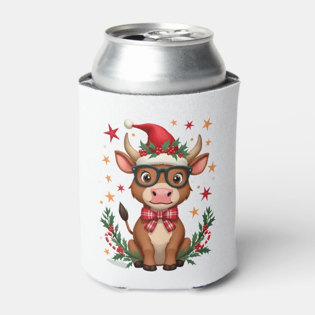 Enfriador De Latas Cute Highland Cow Lover Santa Hat Western Christma (Lata Anverso)