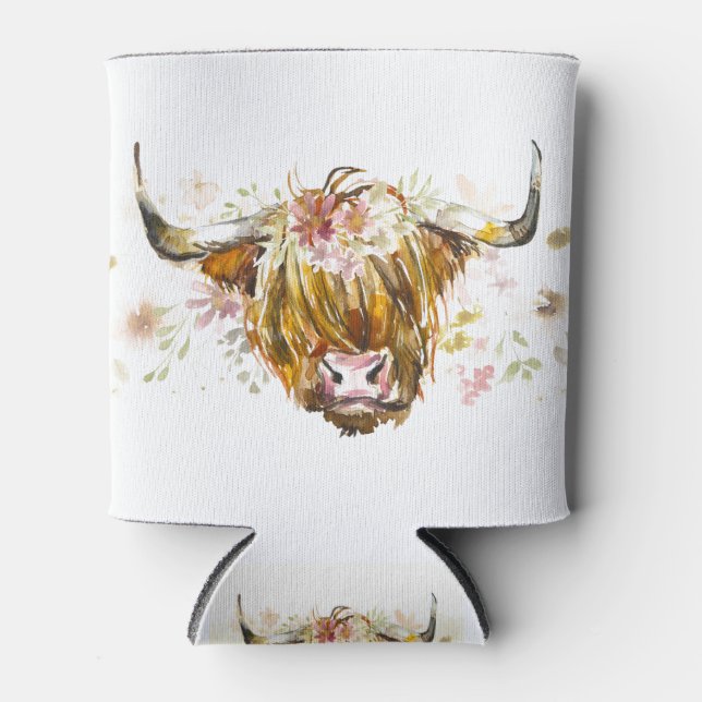 Enfriador De Latas Cute Highland Floral Cow (Anverso)