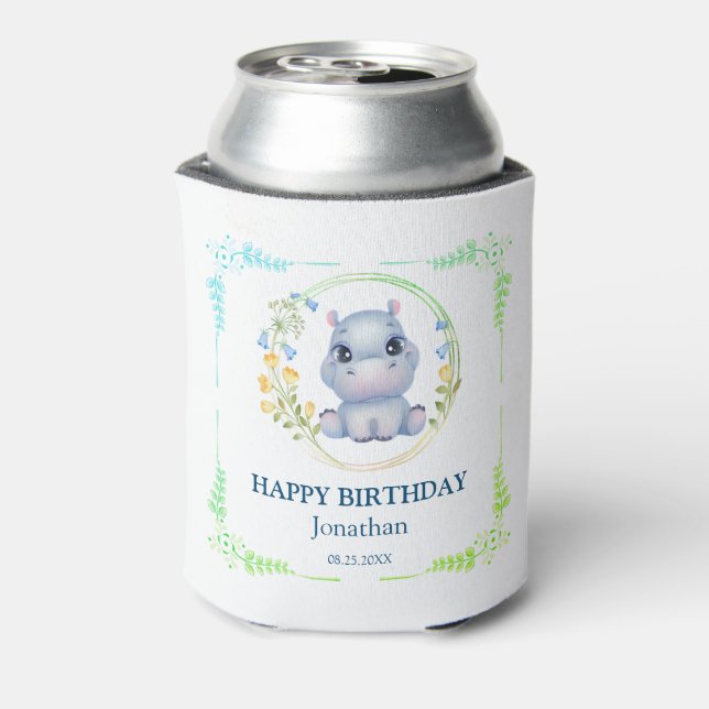 Enfriador De Latas Cute Hipopótamo Flor Wreath Feliz cumpleaños (Reverso de la lata)
