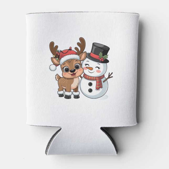 Enfriador De Latas Cute Holiday Reindeer & Snowman (Anverso)