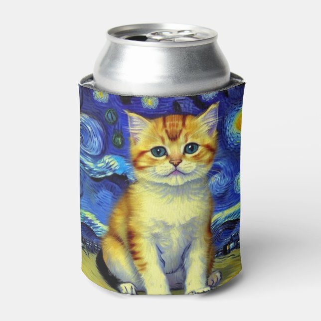 Enfriador De Latas Cute Kitten Starry Night Van Gogh (Lata Anverso)