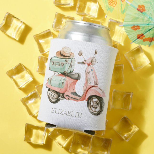 Enfriador De Latas Cute Pink and Aqua Coastal Scooter (Verano in situ)