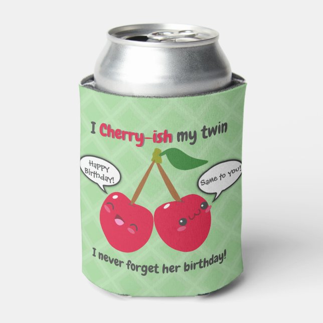 Enfriador De Latas Cute Red Cherry Kawaii Gemelos Cumpleaños (Lata Anverso)