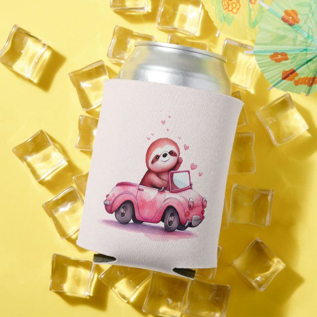 Enfriador De Latas Cute Sloth Driving a Pink Convertible (Verano in situ)