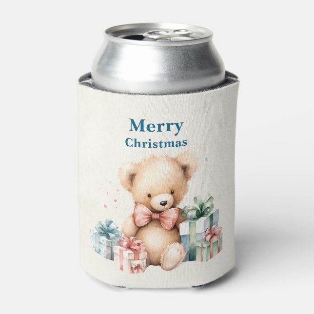 Enfriador De Latas Cute Teddy Bear Feliz Navidad (Lata Anverso)
