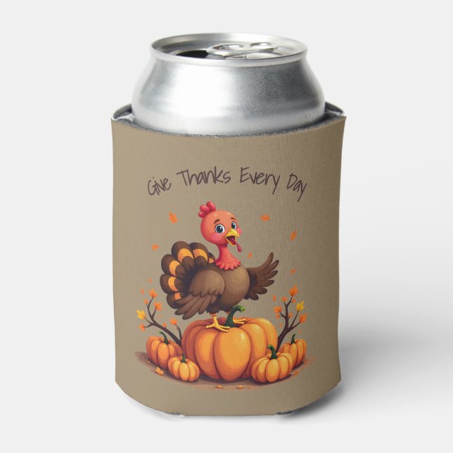 Enfriador De Latas Cute Thanksgiving Turkey Autumn Pumpkins Scene (Lata Anverso)