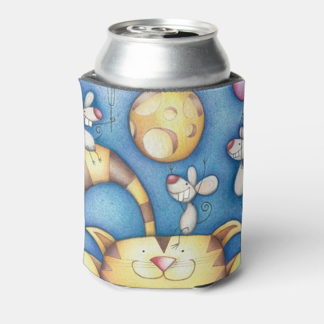 Enfriador De Latas Cute Whimsical Cat and Mouse Moon Art (Reverso de la lata)