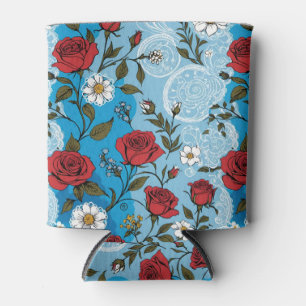Enfriador De Latas Daisies de rosas rojas y turquesa encaje