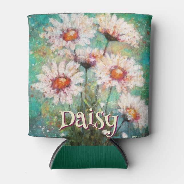 Enfriador De Latas Daisies Impressionistic Floral Teal Personalized (Anverso)