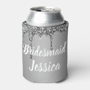 Enfriador De Latas Dama de honor Elegante Glitter Goteo de Plata Boda