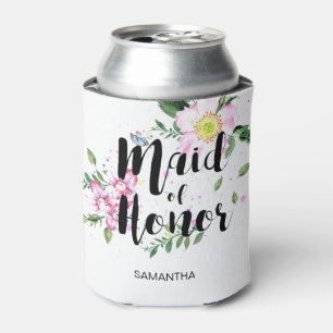 Enfriador De Latas Dama de Honor Rosa Floral Acuarela Boda