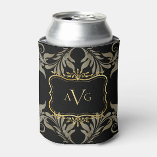 Enfriador De Latas Damasco negro con monograma de marco dorado