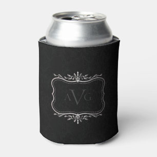 Enfriador De Latas Damasco negro con monograma de marco plateado