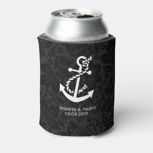 Enfriador De Latas Damascos negros con ancla náutica (Reverso de la lata)