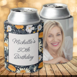 Enfriador De Latas Dandelions Daisies Navy nombre de cumpleaños azul 