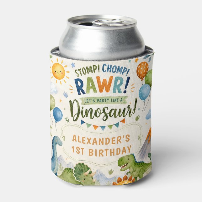 Enfriador de latas de cumpleaños de dinosaurio lin (Lata Anverso)