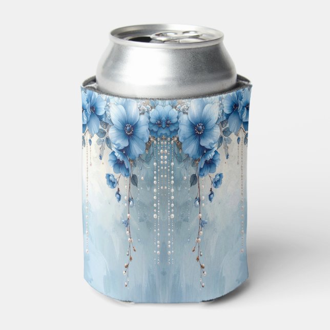 Enfriador de Latas de Flores Azules y Perlas (Lata Anverso)