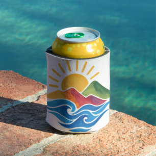 Enfriador de latas de montañas y océano al atardec