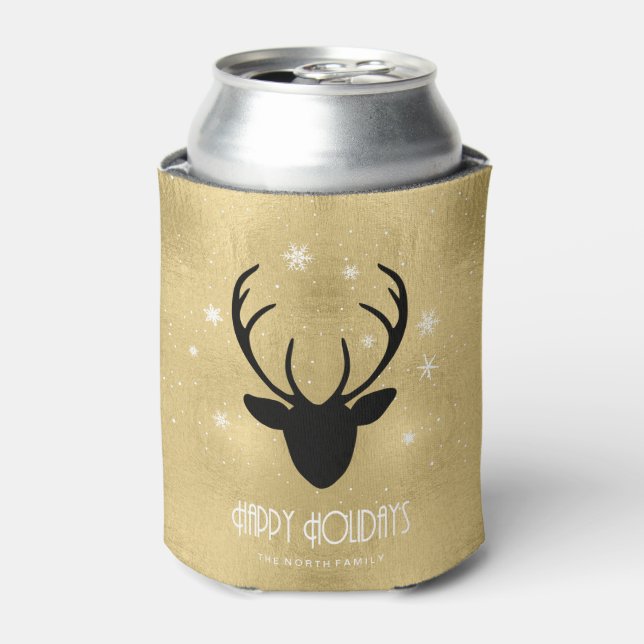 Enfriador De Latas Deer Antlers Silhouette & Snowflakes Gold ID861 (Lata Anverso)