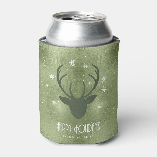 Enfriador De Latas Deer Antlers Silhouette & Snowflakes Green ID861 (Lata Anverso)