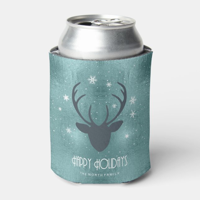 Enfriador De Latas Deer Antlers Silhouette & Snowflakes Verde azulada (Lata Anverso)
