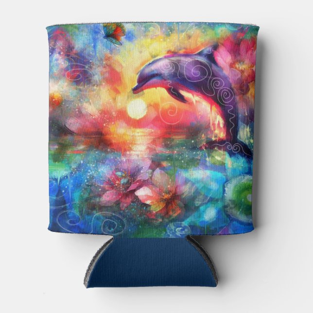 Enfriador De Latas Delfín caprichoso Costero Nautical Floral Verde az (Anverso)