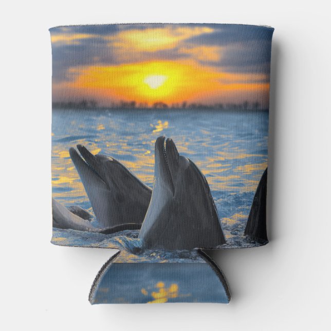 Enfriador De Latas Delfines botánicos, escena del océano atardecer. (Anverso)