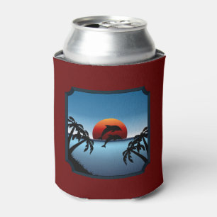 Enfriador De Latas Delfines tropicales de atardecer y palmeras