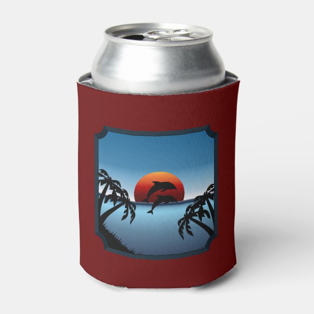 Enfriador De Latas Delfines tropicales de atardecer y palmeras (Lata Anverso)