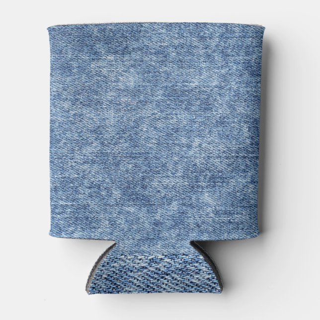 Enfriador De Latas Denim azul de lavado con ácido, textura de cierre. (Anverso)
