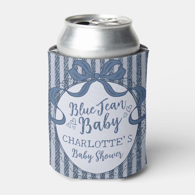 Enfriador De Latas Denim Coquette Bow Blue Jean Baby Shower Favor (Lata Anverso)