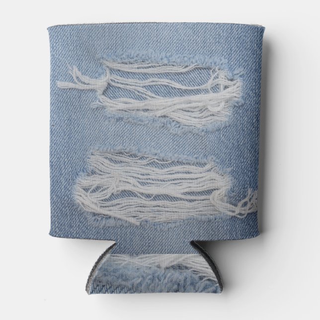 Enfriador De Latas Denim desgarrado: textura de jeans azules. (Anverso)