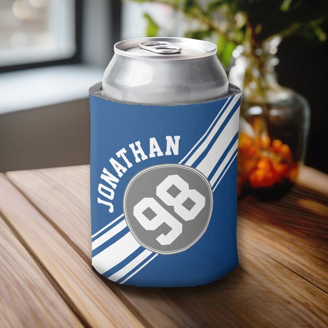 Enfriador De Latas Deportes Jersey Blue y Gray Strips Name Number (Custom Can Cooler)