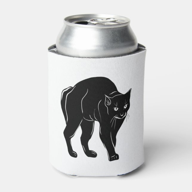 Enfriador De Latas Dibujo de silueta de gato negro de Halloween (Lata Anverso)