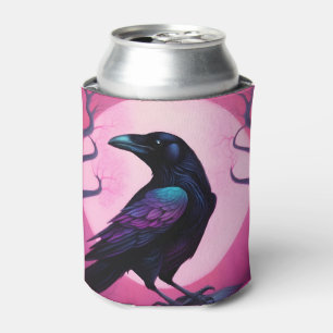 Enfriador De Latas Dibujo de un cuervo sobre fondo rosado neón