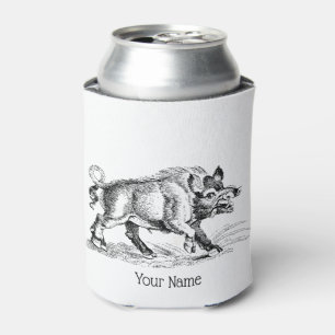 Enfriador De Latas Dibujo en blanco y negro de jabalí vintage #2
