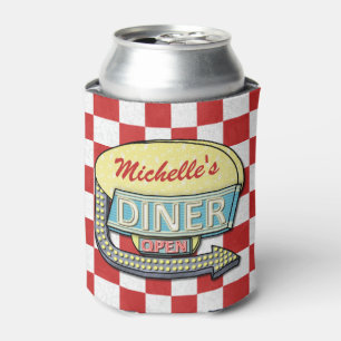 Enfriador De Latas Diner Rótulo Retro 50 Red Checkered   Nombre perso