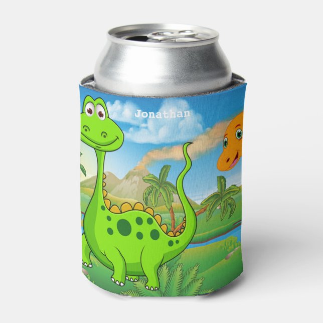 Enfriador De Latas Dinosaurio Naranja verde infantil personalizado (Lata Anverso)