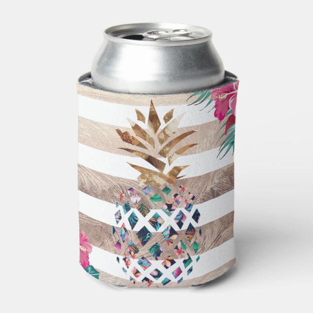 Enfriador De Latas Diseño a rayas de oro de piña floral (Lata Anverso)