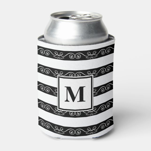 Enfriador De Latas Diseño de monograma rayado blanco negro (Lata Anverso)