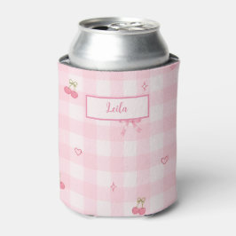 Enfriador De Latas Diseño de nombre con lazo de cereza en gingham ros