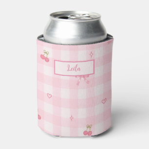 Enfriador De Latas Diseño de nombre con lazo de cereza en gingham ros