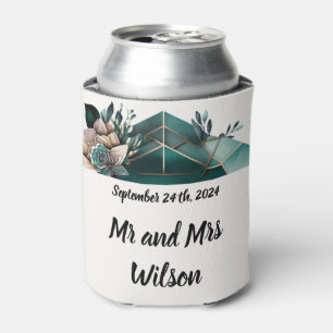 Enfriador De Latas Diseño geométrico verde moderno Flor rosa
