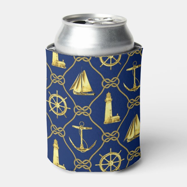 Enfriador De Latas Diseño Náutico Dorado y Azul (Lata Anverso)