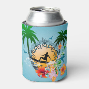 Enfriador De Latas Diseño tropical con el surfboarder
